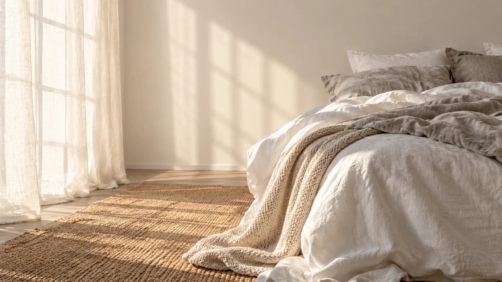 Luce del mattino sulle lenzuola di un letto rifatto