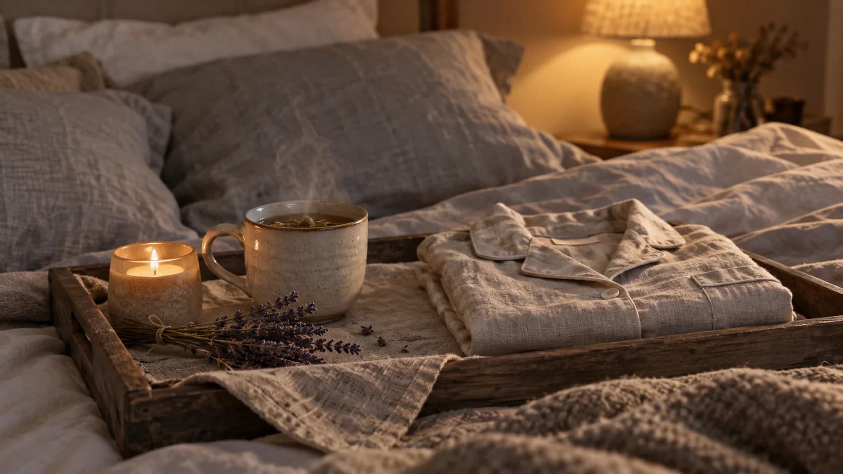 Un vassoio con candela e tisana sul letto, la sera