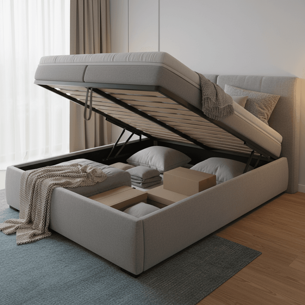 Letto contenitore aperto con vano visibile